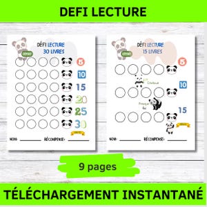 May include: Two white printable reading challenge sheets with panda illustrations. One sheet has 30 circles to fill, the other has 15. Text includes "Défi Lecture", "30 Livres", "15 Livres", and "Téléchargement Instantané".