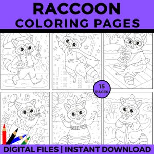 Raccoon Coloring Pages for Kids and Adults, Cute Woodland Animal Printable PDF, Fun Forest Animal Coloring Pages, Instant Download