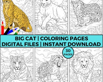 Dibujos para colorear de grandes felinos: tigre, león, pantera, guepardo y leopardo. Hojas para colorear de animales para adultos y niños. Descarga digital.