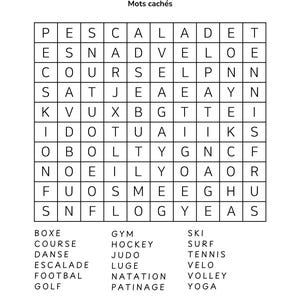 May include: A black and white word search puzzle featuring the word "SPORTS" at the top. The puzzle contains a grid of letters and a list of sports-related words to find, including "GYM", "SKI", and "YOGA".
