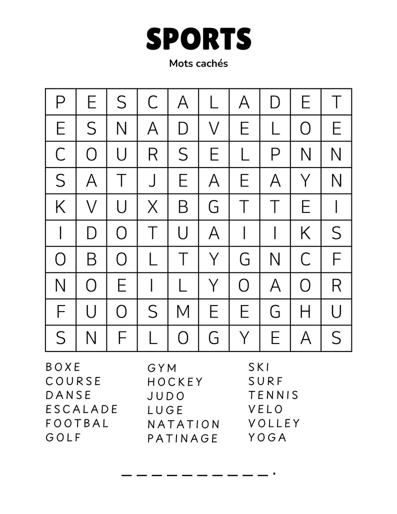 May include: A black and white word search puzzle featuring the word "SPORTS" at the top. The puzzle contains a grid of letters and a list of sports-related words to find, including "GYM", "SKI", and "YOGA".
