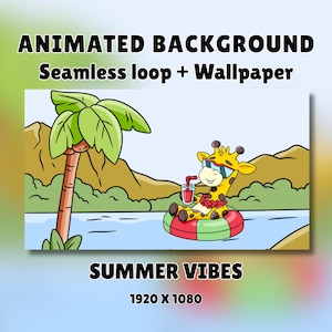 Peut inclure: Fond animé représentant une girafe de dessin animé portant des lunettes de soleil et un collier de fleurs, flottant dans une bouée rouge et verte sur l'eau bleue. Un palmier se dresse sur la rive avec des montagnes au loin. Texte : ANIMATED BACKGROUND Seamless loop + Wallpaper SUMMER VIBES 1920 X 1080.