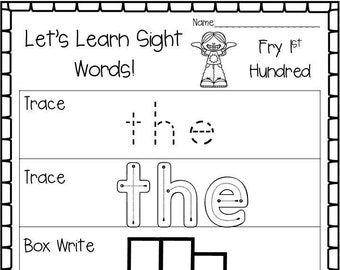 100 hojas de trabajo imprimibles de Aprendamos a freír las primeras cien palabras reconocibles a la vista. Actividad de escritura y ortografía de jardín de infantes a primer grado.