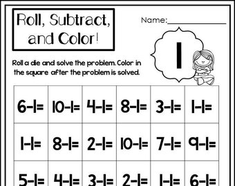 10 Printable Roll, Subtract, and Color Worksheets. Numbers 1-10. Preschool-1st Grade Math.