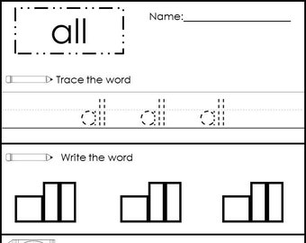 May include: A black and white worksheet for learning the word "all". The worksheet includes tracing, writing, coloring, and filling in the missing letter activities.