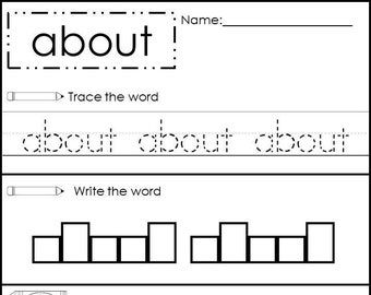 May include: Black and white worksheet with the word "about" written in a dotted line box. The worksheet includes activities such as tracing the word, writing the word, coloring the word, and filling in the missing letter.