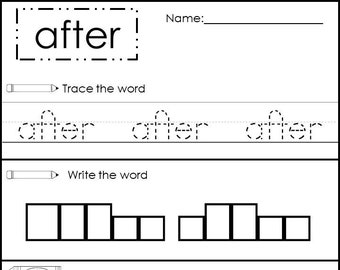May include: A black and white worksheet for learning the word "after". The worksheet includes tracing, writing, coloring, and filling in the missing letter activities.