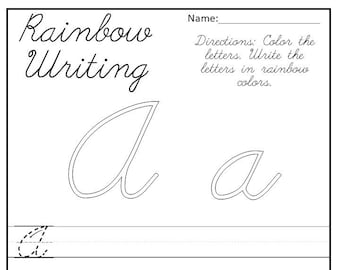 26 afdrukbare cursieve alfabet-werkbladen met regenboogtekens en letters. Preschool-KDG-klank.
