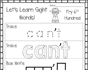 100 Printable Let's Learn Fry 6th Hundred Sight Words Worksheets. 4th-5th Grade Handwriting and Spelling Activity.
