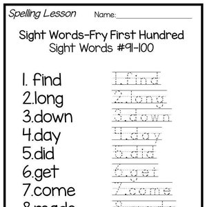 Fry First Hundred Words 91-100 Unidad de ortografía de una sola semana. Trazar, escribir en cuadro, leer. Diez palabras, imprime 15 páginas.