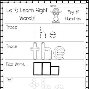 100 Printable Let's Learn Fry 1st Hundred Sight Words Worksheets. Kindergarten-1st Grade Handwriting and Spelling Activity.