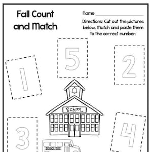 15 Printable Fall Match the Picture to the Number Worksheets. Preschool-Kindergarten Numbers and Math.