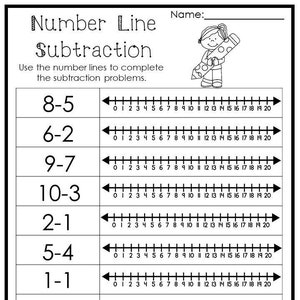 15 printable number line subtracting worksheets numbers 1 10 etsy