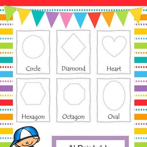 May include: A printable worksheet with 14 different shapes for tracing. The shapes include a circle, diamond, heart, hexagon, octagon, and oval. The worksheet is titled "14 Printable Shapes Tracing Worksheets".