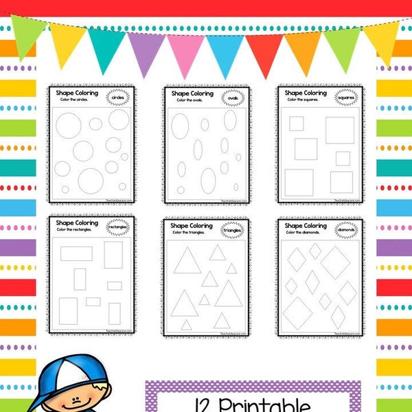12 Color the Shapes Preschool and Kindergarten Worksheets. Child Math Homeschool Coloring Activity.