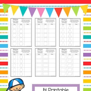 May include: A set of 14 printable worksheets for tracing, colouring, and drawing basic shapes. The worksheets feature circles, squares, triangles, and rectangles. The title "14 Printable Trace, Color, Draw the Shapes Worksheets" is displayed at the bottom of the image.