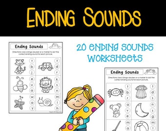 May include: Black and white worksheets for learning ending sounds. The worksheets feature various images, such as a cat, a car, a bee, a butterfly, a snail, a spider, a dress, a koala, a moon, a broom, and a beach ball. The text "Ending Sounds" and "20 Ending Sounds Worksheets" is included on the page. A cartoon girl is holding a large pencil with colorful dots.