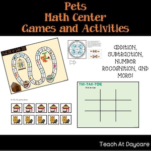10 jeux et activités imprimables du centre de mathématiques de la maternelle sur le thème des animaux de compagnie.