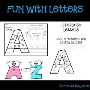 Diversão em letras maiúsculas com planilhas de letras. Quebra-cabeças e rastreamento de letras. Caligrafia pré-escolar-jardim de infância.