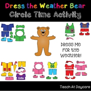 Viste al oso del tiempo para la hora del círculo/hora del grupo. Preescolar-2º Grado.