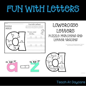 Diversão em letras minúsculas com planilhas de letras. Quebra-cabeças e rastreamento de letras. Caligrafia pré-escolar-jardim de infância.