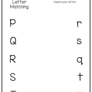 Pode incluir: Uma folha de trabalho para combinar letras mai&uacute;sculas e min&uacute;sculas. As letras P, Q, R, S e T est&atilde;o no lado esquerdo da p&aacute;gina, e as letras min&uacute;sculas r, s, q, t e p est&atilde;o no lado direito da p&aacute;gina. Instru&ccedil;&otilde;es: Desenhe uma linha da letra mai&uacute;scula para a letra min&uacute;scula.