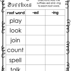Peut inclure: Feuille de travail noir et blanc avec le titre "Ajouter des suffixes". La feuille de travail comporte un tableau avec les mots "mot racine", "-ed" et "-ing" en haut. Le tableau comporte six lignes avec les mots racines suivants : "play", "look", "join", "count", "spell" et "talk".