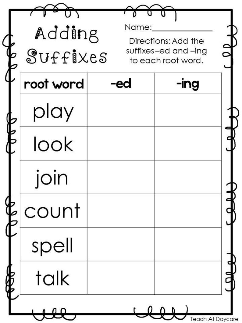 Peut inclure: Feuille de travail noir et blanc avec le titre "Ajouter des suffixes". La feuille de travail comporte un tableau avec les mots "mot racine", "-ed" et "-ing" en haut. Le tableau comporte six lignes avec les mots racines suivants : "play", "look", "join", "count", "spell" et "talk".