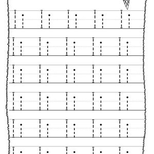 May include: Black and white worksheet with the text "Trace the letters" at the top. The worksheet has six rows of five dotted lines each. The letter "I" is written in dotted lines on each row.