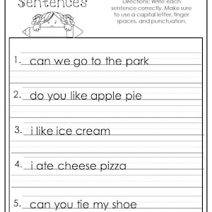May include: Black and white worksheet with the text "Correct the Sentences" at the top. The worksheet has five sentences that need to be corrected with proper capitalization, punctuation, and spacing. The sentences are: "can we go to the park", "do you like apple pie", "i like ice cream", "i ate cheese pizza", and "can you tie my shoe".
