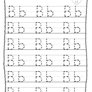 May include: A printable worksheet for tracing the letter B. The worksheet has six rows of the letter B with dotted lines to help guide the user in tracing the letter.