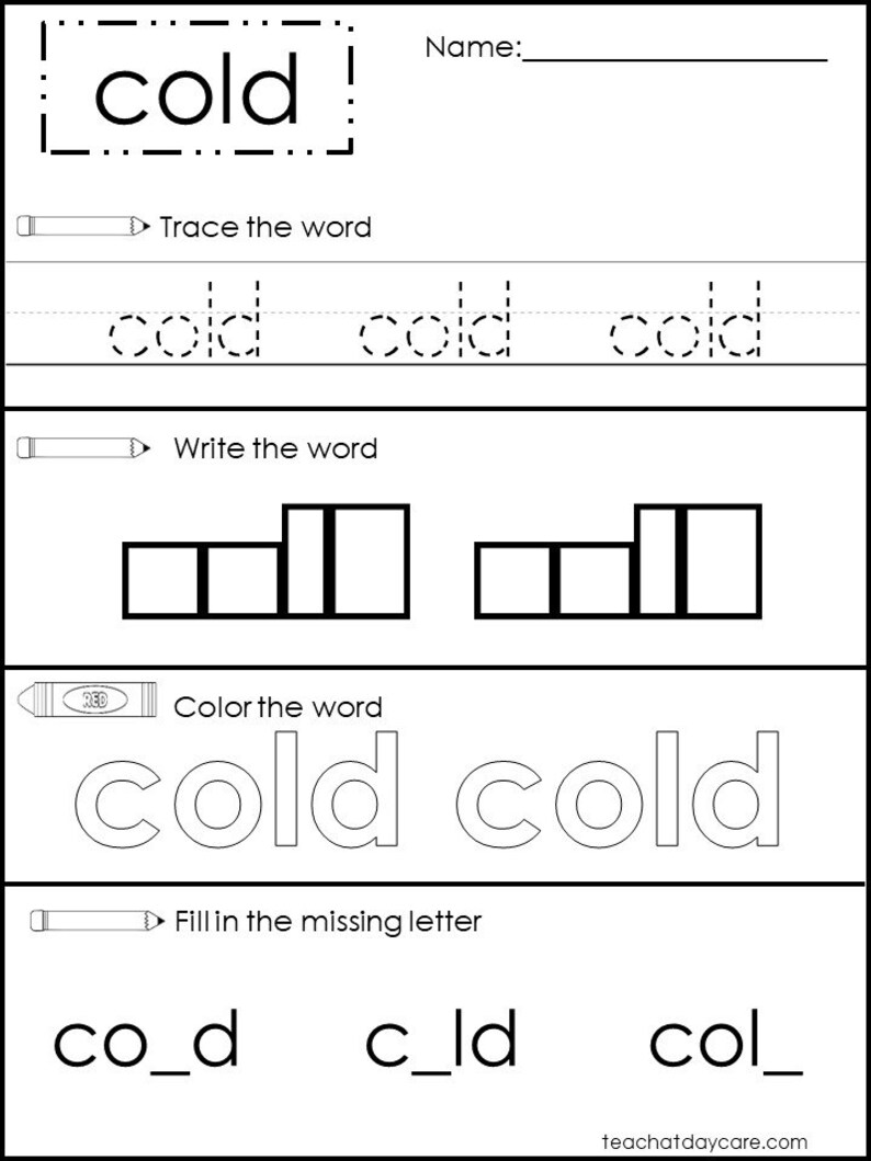 May include: A black and white worksheet with the word "cold" in large, bold letters. The worksheet includes tracing, writing, and coloring activities, as well as fill-in-the-blank exercises to reinforce word recognition and spelling.