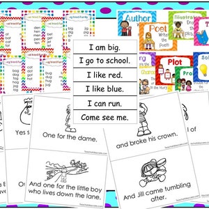 May include: A set of printable educational flashcards for young learners. The cards feature colourful illustrations and simple words, such as "big", "red", "blue", and "run". The cards are designed to help children learn basic vocabulary and concepts.