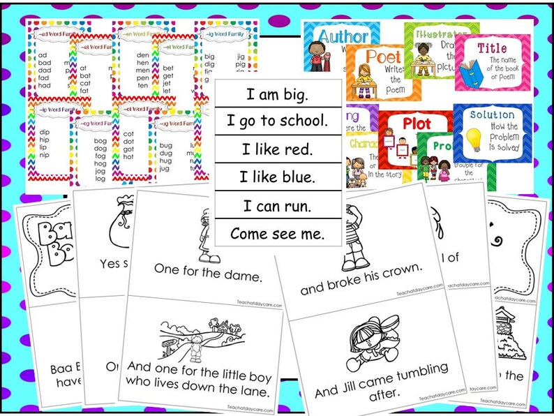 May include: A set of printable educational flashcards for young learners. The cards feature colourful illustrations and simple words, such as "big", "red", "blue", and "run". The cards are designed to help children learn basic vocabulary and concepts.