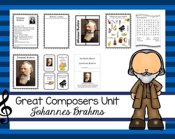 May include: A printable educational resource for learning about the composer Johannes Brahms. The resource includes a portrait of Brahms, a word search puzzle, a "What do you hear?" activity, and a "My Book About Johannes Brahms" template.