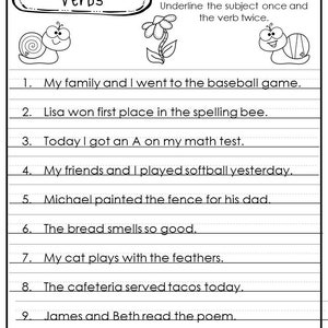 Identifying Subject, Predicates, and Verbs in a Sentence Worksheets. image 6