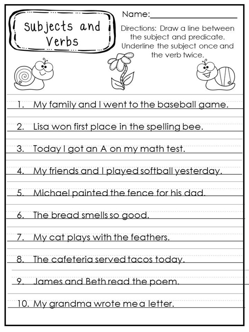 Identifying Subject, Predicates, and Verbs in a Sentence Worksheets. image 6