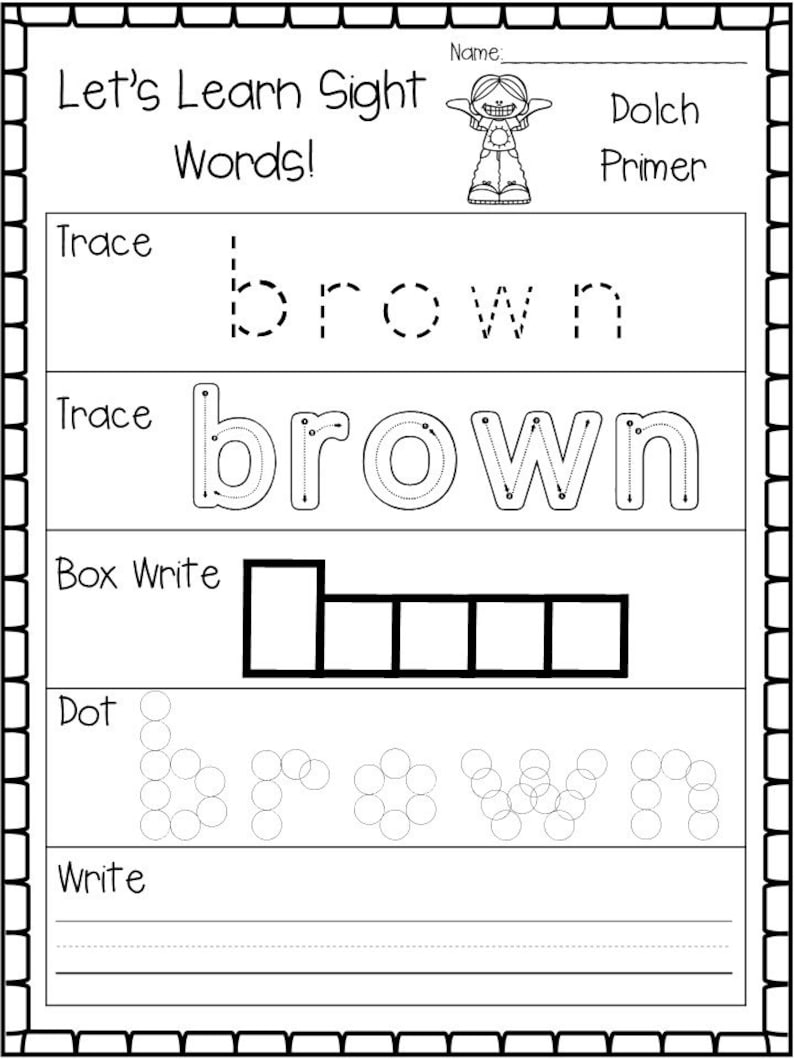 May include: Black and white worksheet with the word "brown" written in dotted lines. The worksheet includes sections for tracing, box writing, dot writing, and writing the word.