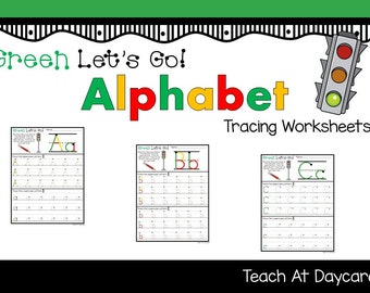 38 Groene Let's Go-werkbladen voor het overtrekken van alfabetten. Briefvorming. Kleuterschool-KDG
