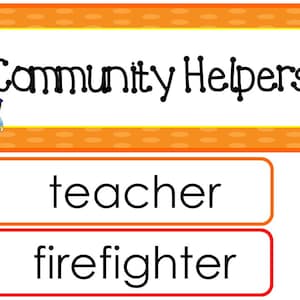 Conjunto de muros de palabras temáticos de una sola semana de Community Helpers. Etiquetas para tablones de anuncios de aula para niños de preescolar, guardería y jardín de infantes.