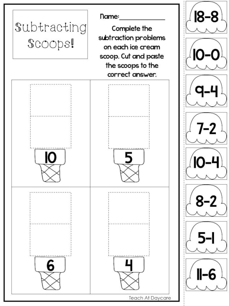 10 Printable Subtracting Scoops Worksheets. Numbers 1-10. | Etsy