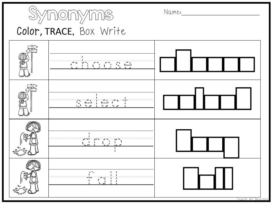 32 Printable Synonyms Color, Trace, Box Write Worksheets. 1st2nd Grade