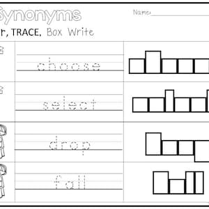 32 Printable Synonyms Color, Trace, Box Write Worksheets. 1st-2nd Grade ELA Worksheets.