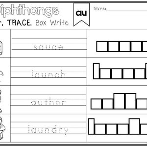 20 Printable Diphthongs Color, Trace, Write, Box Write Worksheets. Kindergarten-2nd Grade ELA Worksheets.