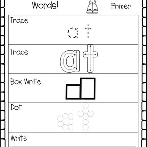 May include: Black and white worksheet for learning sight words. The worksheet has the word "at" written in dotted lines for tracing, a box to write the word, and a dot-to-dot activity to form the word.