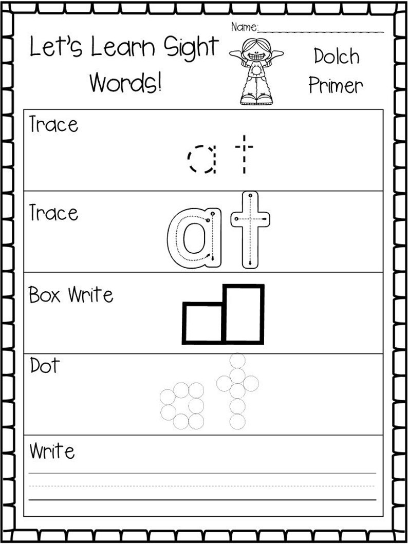 May include: Black and white worksheet for learning sight words. The worksheet has the word "at" written in dotted lines for tracing, a box to write the word, and a dot-to-dot activity to form the word.