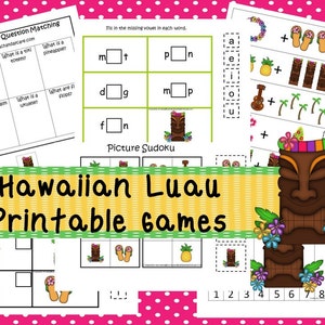 Peut inclure: Jeux de fête hawaïenne Luau imprimables pour enfants. Les jeux comprennent des jeux de correspondance, de comptage et de sudoku d'images. Les jeux présentent des images d'ananas, d'ukulélés, de palmiers, de tongs et de statues tiki.