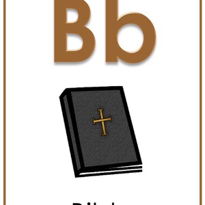 May include: A brown letter B with a lowercase b next to it. Below the letters is a black book with a gold cross on the cover. The word "Bible" is written below the book.