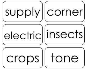 May include: Six white cards with black text. The words on the cards are "supply", "corner", "electric", "insects", "crops", and "tone".