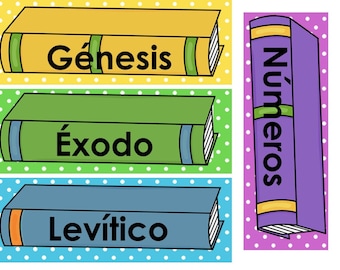 Printable Spanish Bible Book of the Week Classroom Bulletin Board Set. Spanish Preschool Bible Study Class Decor.